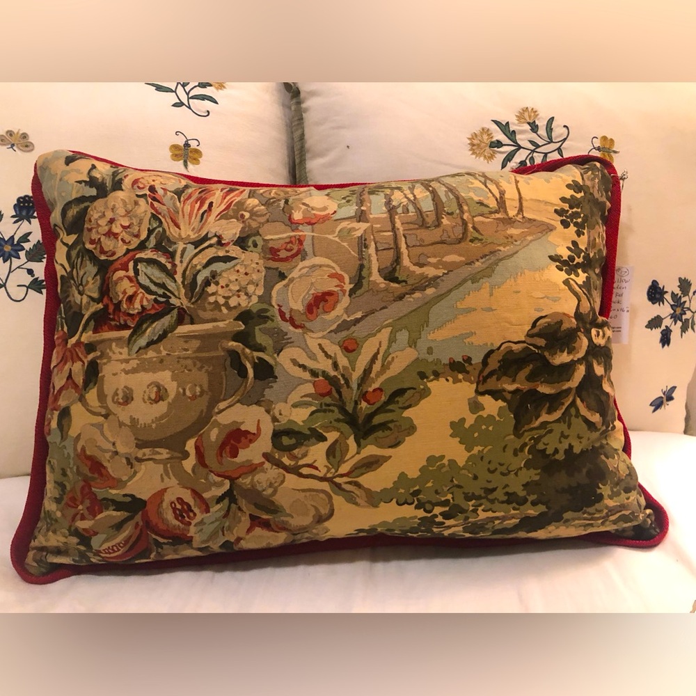 Travers & Co oblong pillow with orchard garden scene in tea colored linen